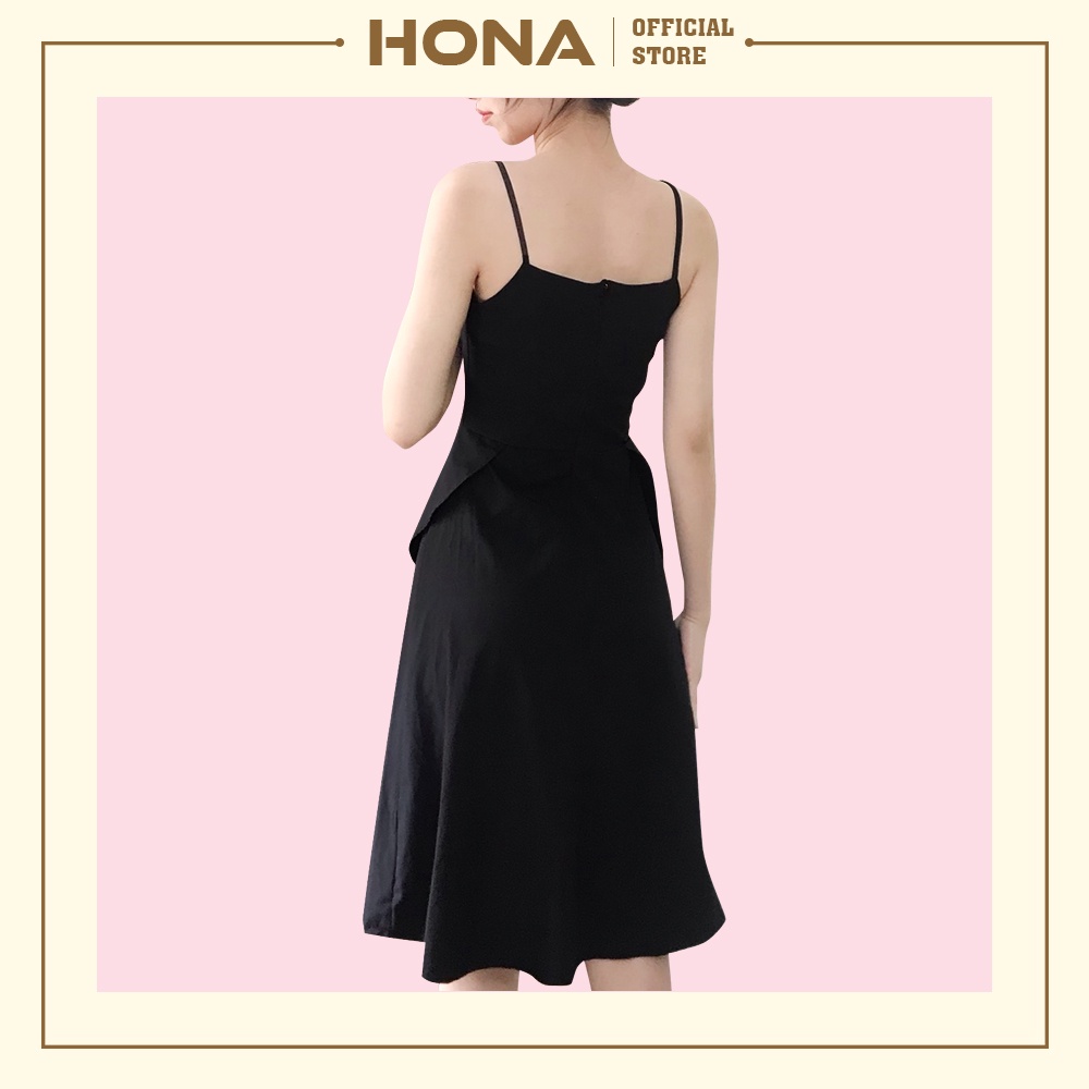 Váy đen 2 dây dáng xòe xếp ly - Đầm 2 dây dạo phố cổ vuông dáng xòe 2 lớp HONA203 | BigBuy360 - bigbuy360.vn