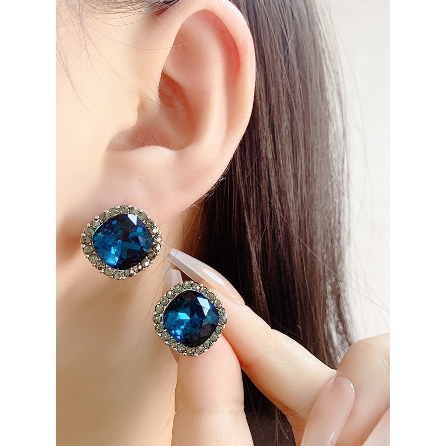 Bông Tai Đính Đá Pha Lê Xanh Phong Cách Pháp Cổ Điển Thời Trang