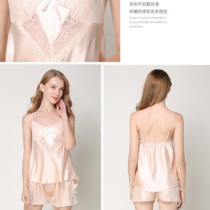 Bộ ngủ satin lụa sexy bigsize cổ tim phối ren nơ 🔥FREESHIP 50k🔥 AM130078 váy ngủ lụa sexy size tới 65kg rẻ đẹp | BigBuy360 - bigbuy360.vn