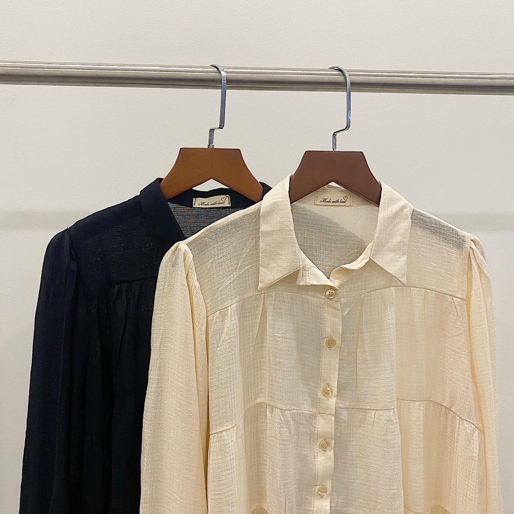 ÁO XÒE CỔ SƠ MI CHẤT LIỆU TÂM XƯỚC ĐEN NUDE - MIO OVERSIZE SHIRT