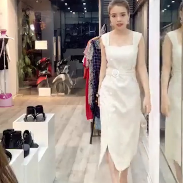 Váy nẹp lệch be nhạt cchat