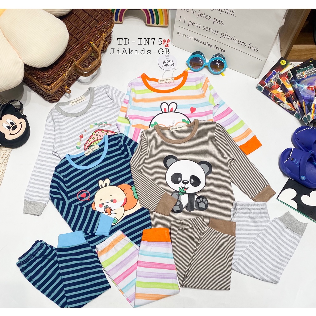 [SALE] Bộ Dài Tay Vải Cotton Borip Cho Bé Trai, Bé Gái MinkyMom Hoạ Tiết Gấu Trúc Kẻ Sọc, Đồ Bộ Cho Bé Mặc Nhà MKMTD2229