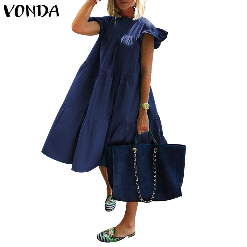 Đầm Midi VONDA Tay Ngắn Xếp Li Thời Trang Mùa Hè