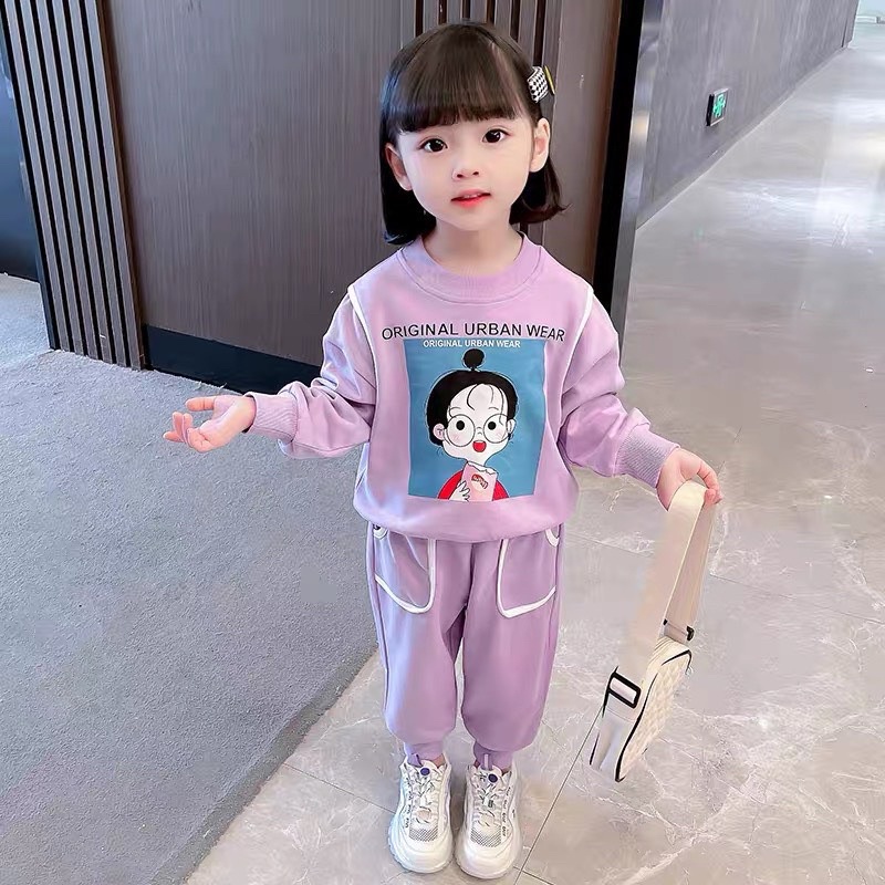 Bộ quần áo dài tay bé gái phối viền cá tính Đồ bộ thu đông cho bé in hình cô gái từ 1 2 3 4 5 6 tuổi