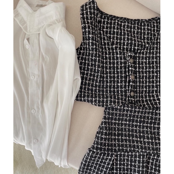 Set 3 món sơ mi tay bồng áo gile mix chân váy xoè dày dặn