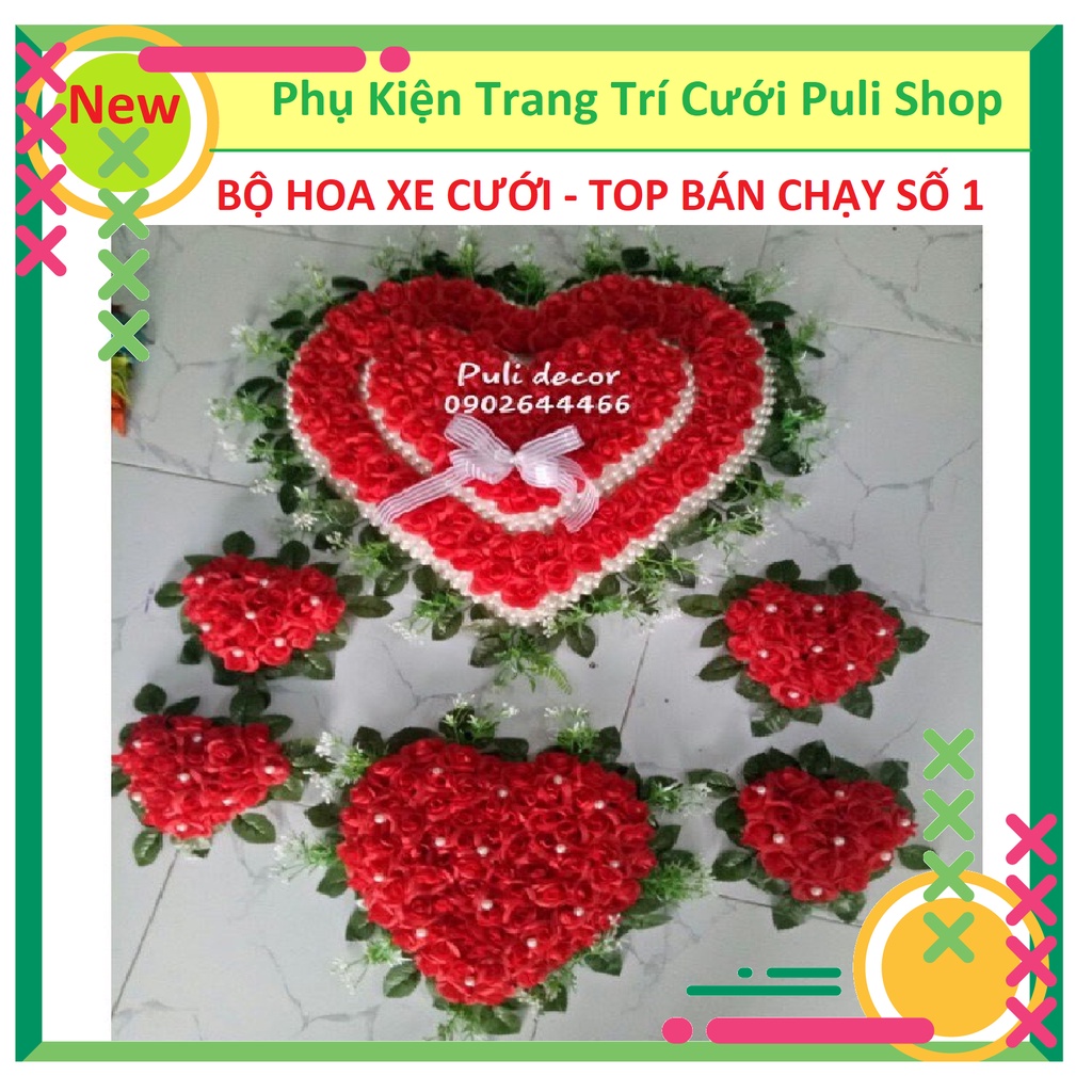 Bộ Xe Hoa Cưới Ko Gấu - Bông Xe Cưới - Bông Xe Rước Dâu Tim 2 Tầng