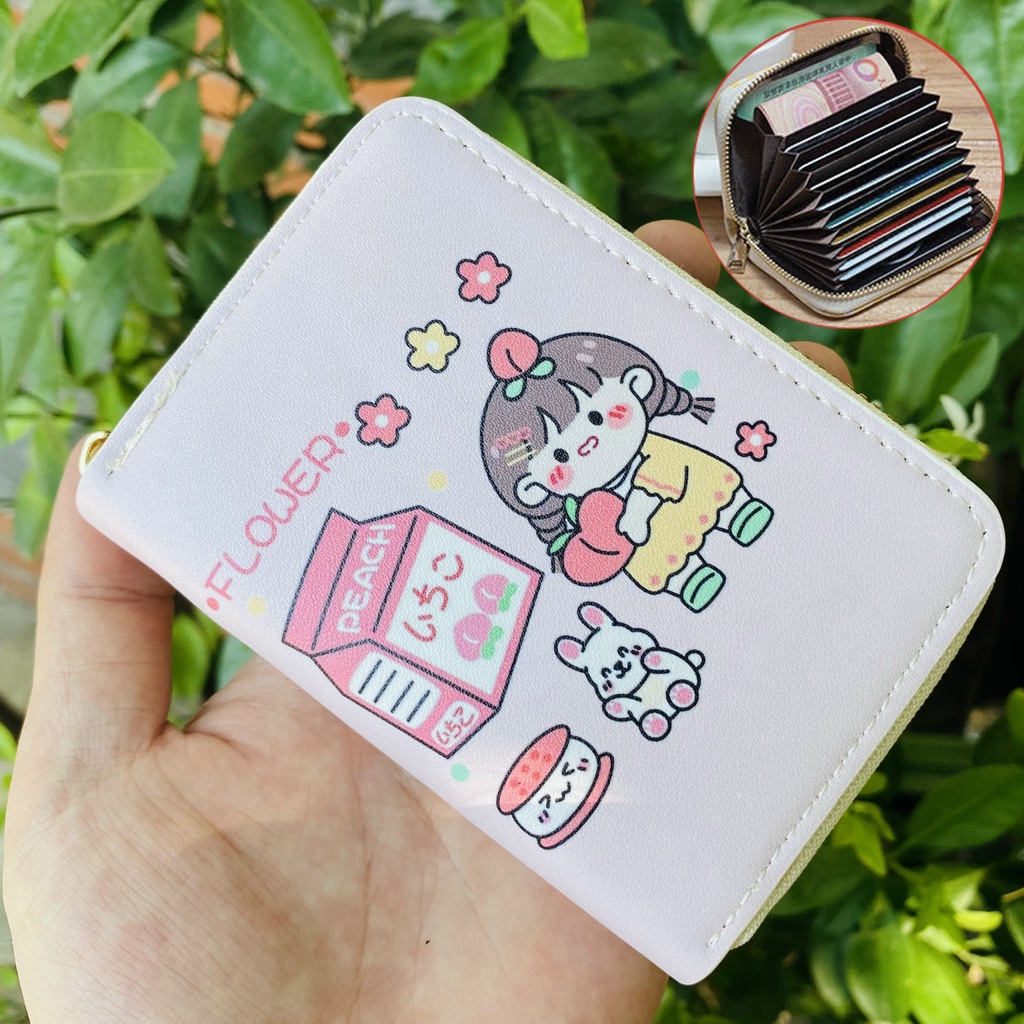 Ví nữ mini cầm tay thời trang nhiều ngăn, bóp hoạ tiết cute chất liệu da PU