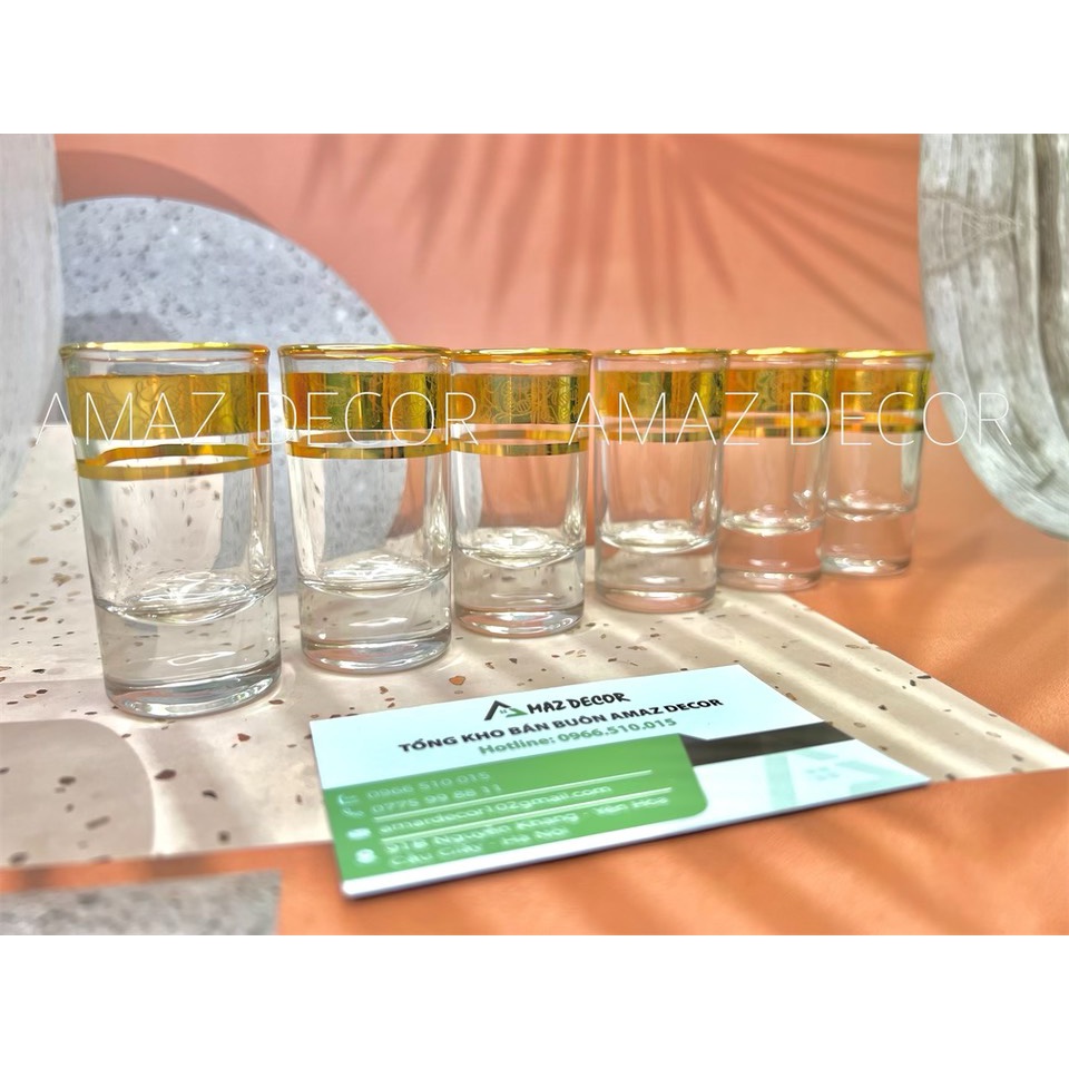 Bộ 6 ly chén uống rượu thủy tinh đế tròn dày khảm họa tiết vàng cao cấp