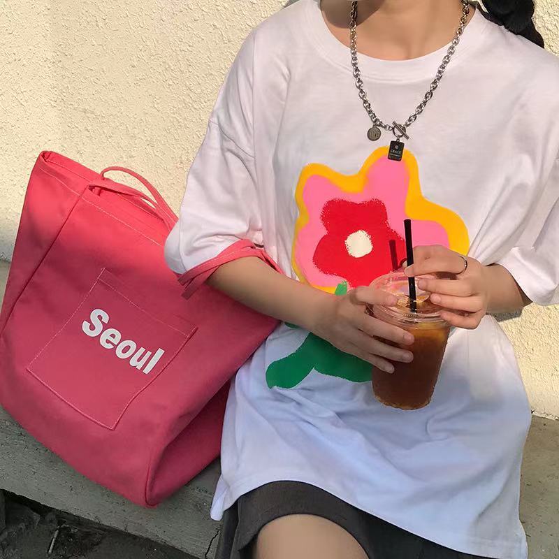 Túi xách bằng vải canvas cỡ lớn màu kẹo ngọt ngào thời trang Hàn Quốc cho nữ