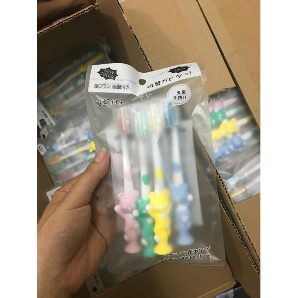 Combo sét 4 bàn chải đánh răng trẻ em, hình con gấu dễ thương, hàng xuất Nhật xịn sò