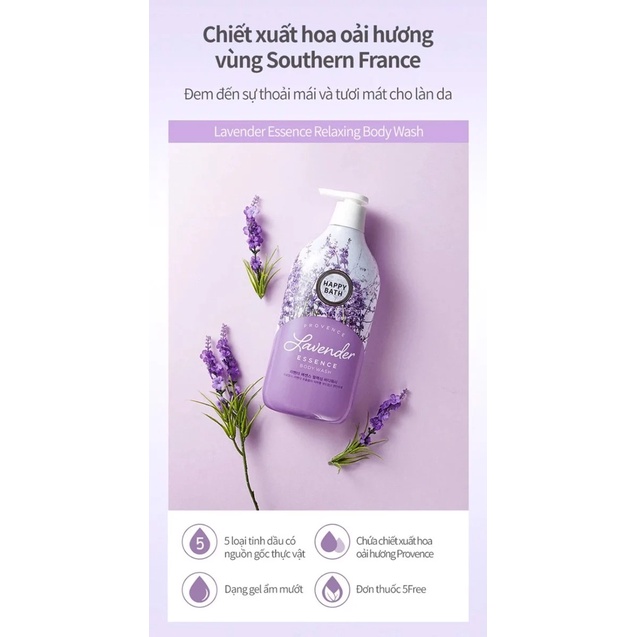 Sữa tắm Dưỡng Ẩm Tinh Chất Hoa oải Hương Happy Bath Lavender Essenee Body Wash 900g