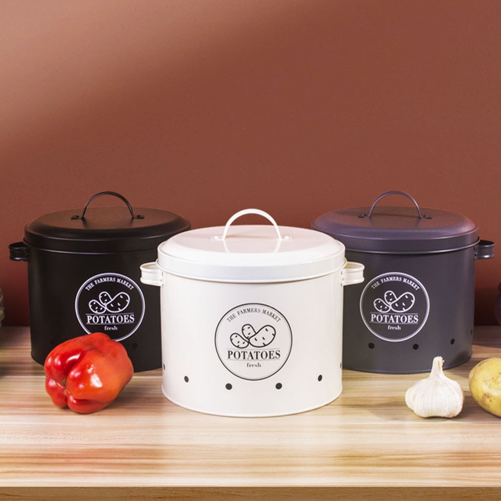 Bộ 3 hộp đựng hành khoai tây tỏi có lỗ thoát khí bằng thiếc với nắp kim loại phong cách cổ điển tiện lợi cho nhà bếp