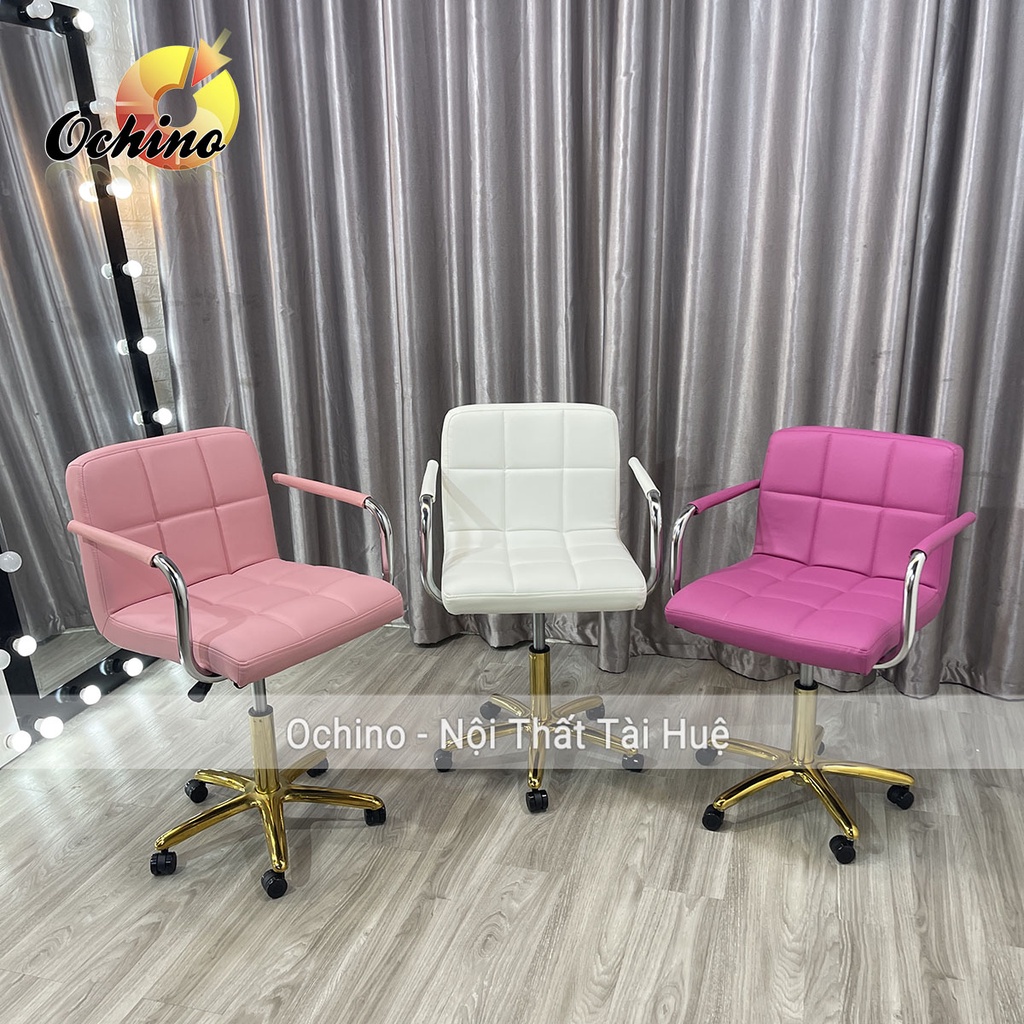 Ghế Xoay Spa, Ghế Trang Điểm Xoay Bánh Xe Chân Vàng Sao Mẫu Vịn Tay Inox Phong Cách Sang Chảnh (Hình Thật Shop Chụp)