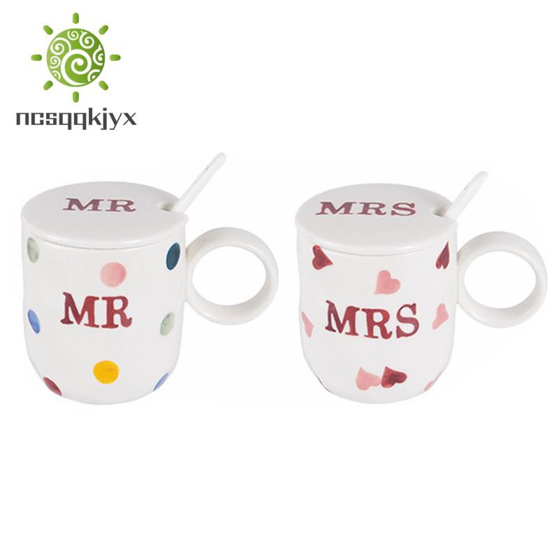 Simple Family Mugs Small Fresh with Spoons &Lids Mr and Mrs Mugs, Mrs