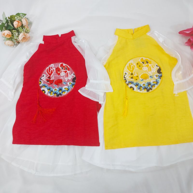 🥰 Sét áo dài bé gái  tay phối cao cấp họa thêu sắc nét nổi bất. áo dài tết hàng thiết kế