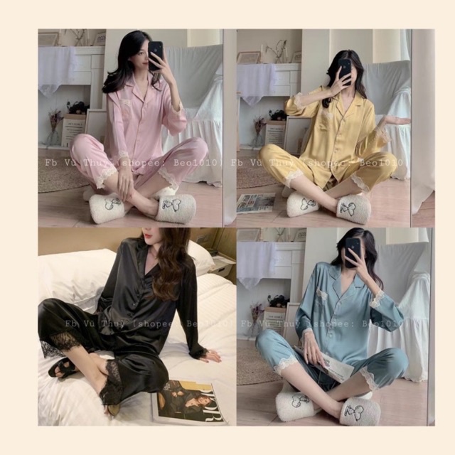 Bộ ngủ lụa viền ren hàng QC[Beo1010]