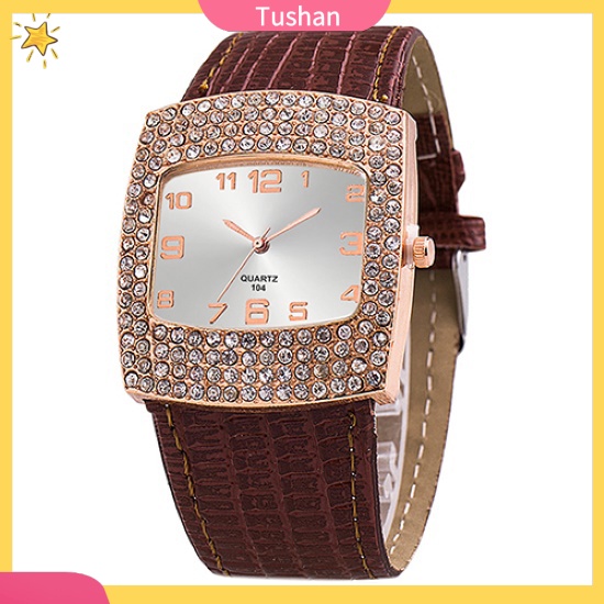 Đồng hồ mặt vuông đính đá phối dây đeo giả da cho nữ