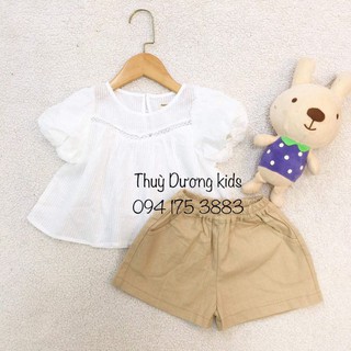 Bộ hè áo thô gạo tay bồng mix quần thô nâu xuất hàn cho bé gái 1-5y