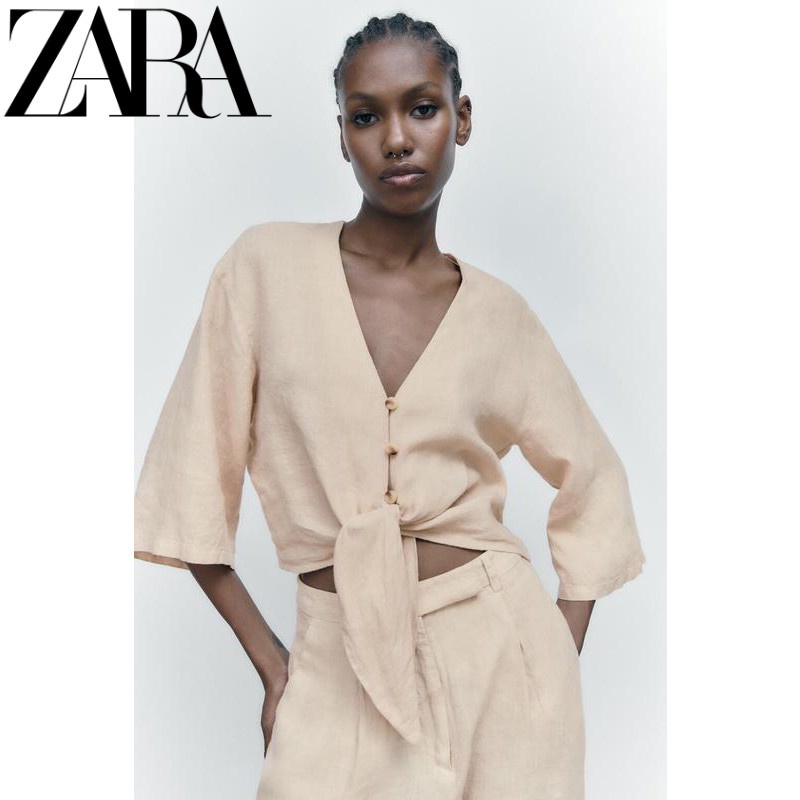 Zara Bộ Áo Sơ Mi Vải Lanh Ngắn Tay Cổ Chữ V + Quần Dài Lưng Cao Ống Rộng Thời Trang Mùa Hè 8291500 8292500