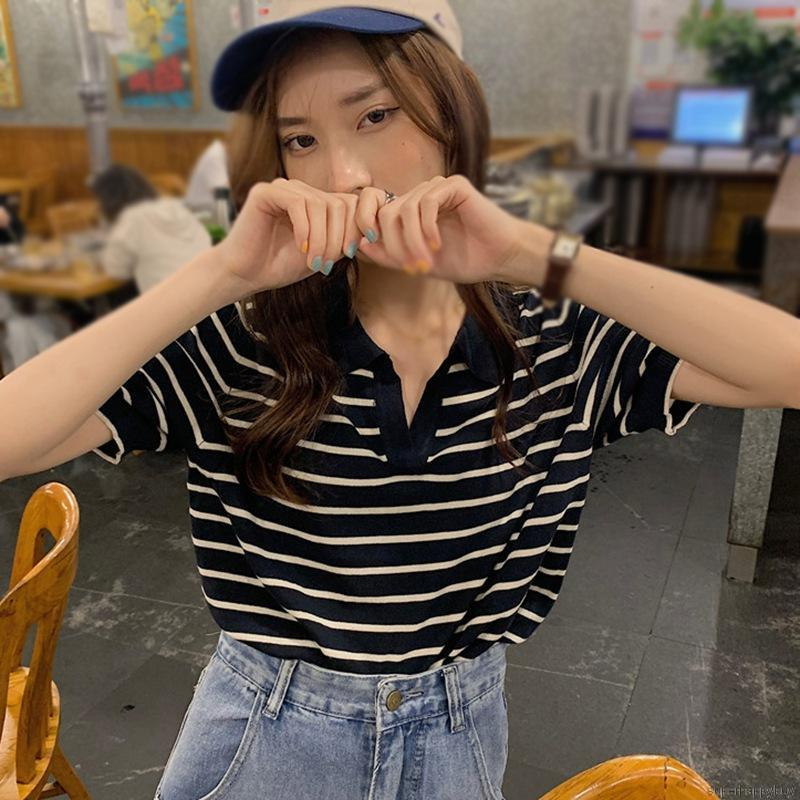 Áo Dệt Kim Thun Ngắn Tay Sọc Ngang Kiểu Hàn Quốc Dáng Rộng Mùa Hè Cho Nữ