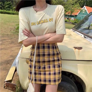 Combo chân váy kẻ vàng tây & áo pull nhiều màu