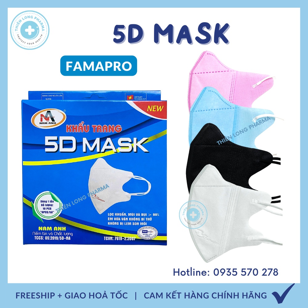 [Hộp 10 cái] Khẩu trang 5D mask FAMAPRO quai thun khẩu trang y tế kháng khuẩn dày 3 lớp vải không dệt