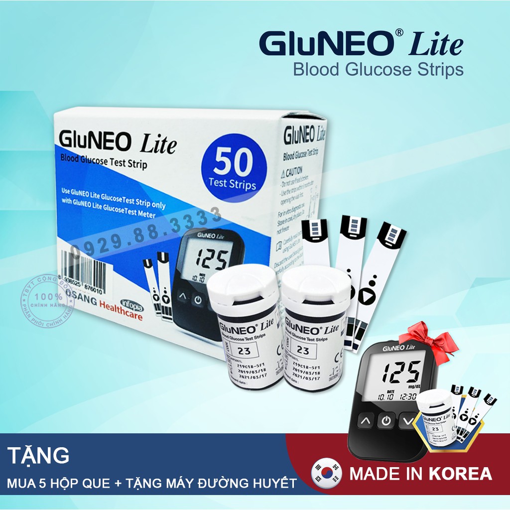 Que thử đường huyết GluNeo lite hộp ( 25 - 50 Test ) + Tặng Kim Chích Máu ( Mua 5  hộp tặng 1 máy Đường Huyết )