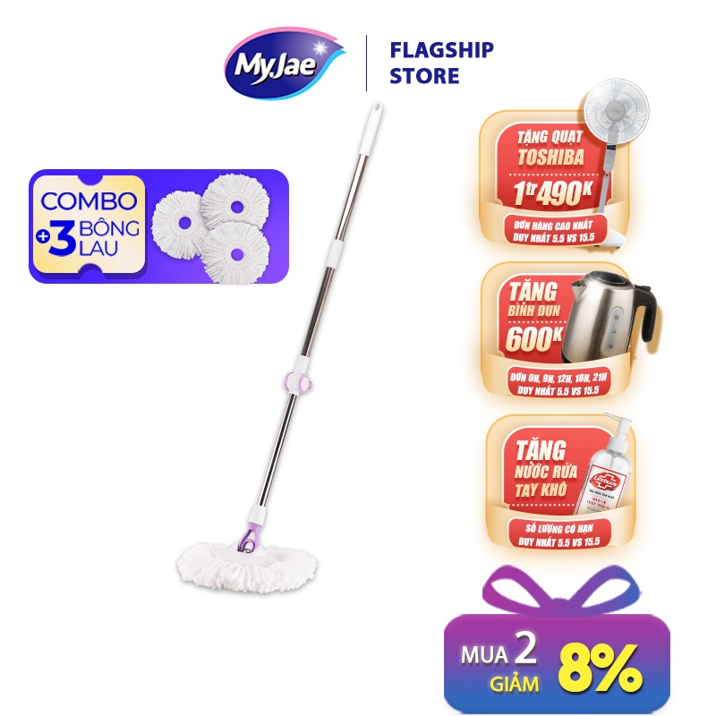 Combo 3 bông lau + 1 cây lau nhà đơn MyJae sợi Microfiber xoay 360 độ phù hợp nhiều loại thùng lau