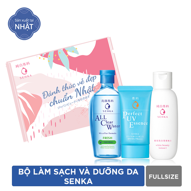 Bộ sản phẩm dưỡng trắng sạch thoáng Senka (Perfect UV Essence 50g + Lotion 200ml + All clear fresh 230ml)