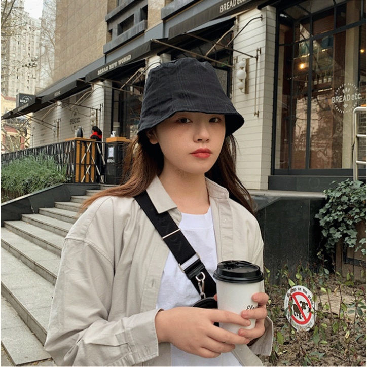 Mũ Bucket Hàn Quốc đi chơi chụp ảnh xinh vải vân sọc trơn nón vành nữ phong cách unisex thời trang cá tính