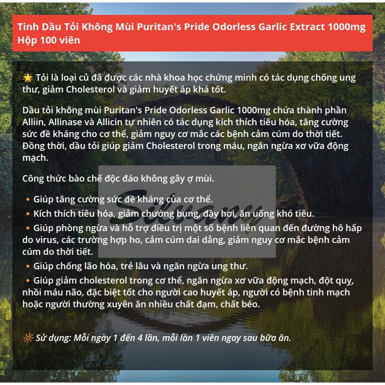 Viên Tinh Dầu Tỏi Odorless Garlic Extract 1000mg Puritan - Tăng Cường Miễn Dịch