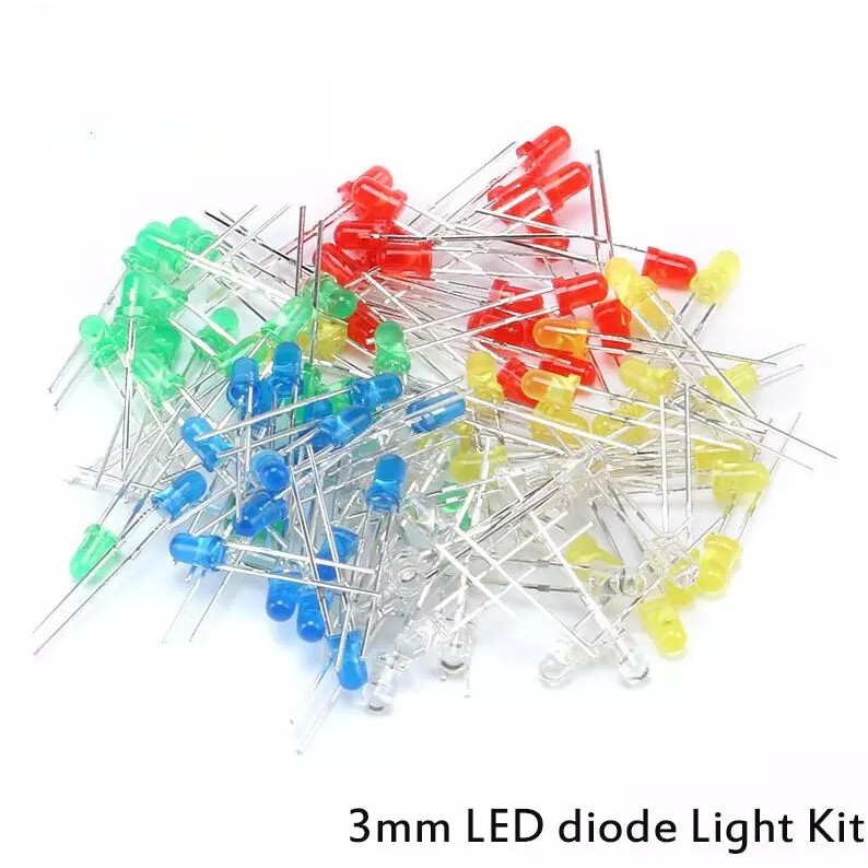 Set 100 đèn LED diode F3 3mm màu đỏ / màu xanh lá cây / màu vàng / màu xanh lam / màu trắng hỗn hợp DIY