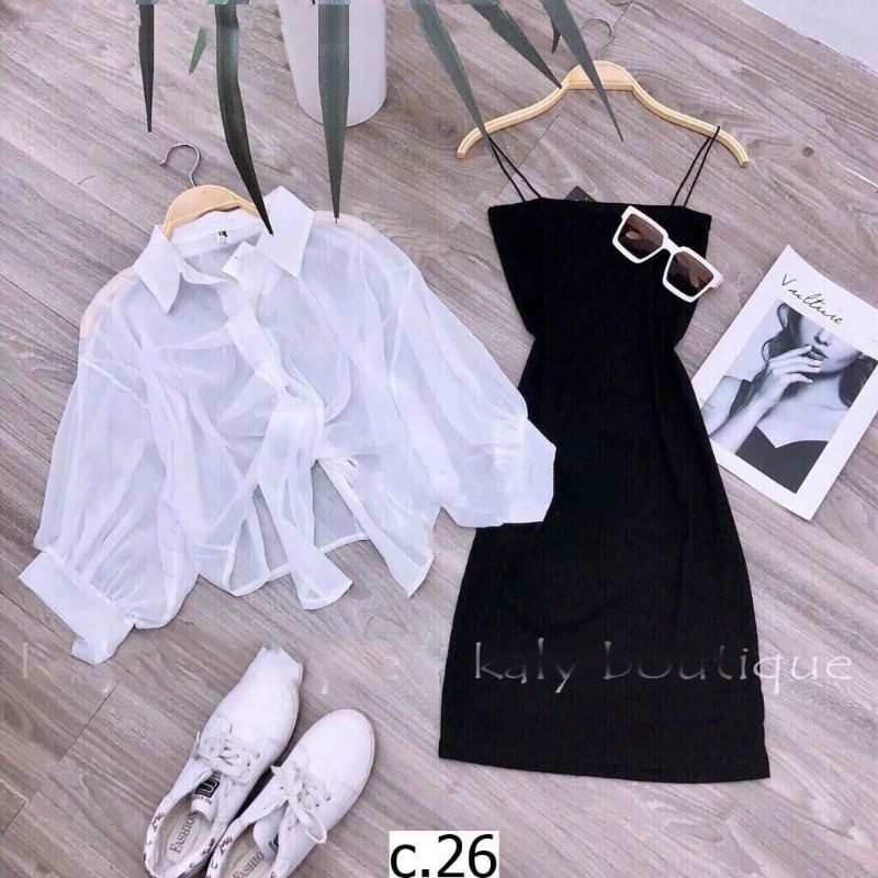 Sét áo sơ mi cột eo và đầm body 2 dây siêu xinh