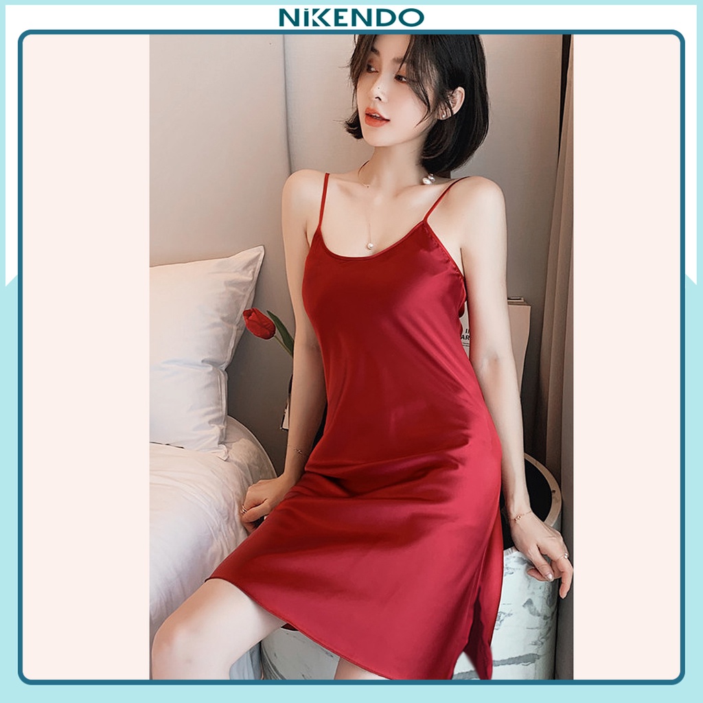 Váy Ngủ Sexy Nikendo Đầm Ngủ Lụa Satin 2 Dây Xẻ Tà XT1
