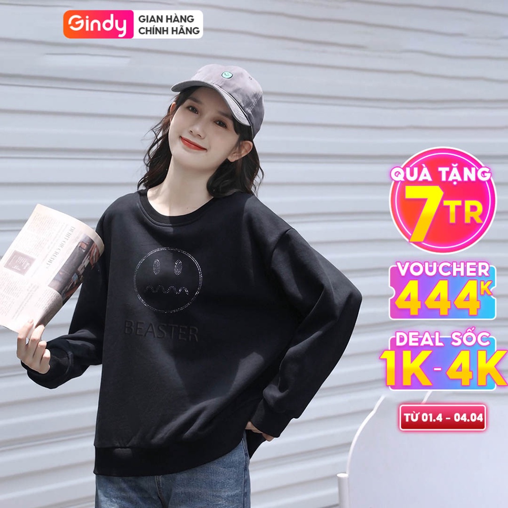 Áo nỉ sweater nam nữ GINDY hoodie lót lông đính đá hình mặt buồn dài tay form rộng thời trang unisex AMN006