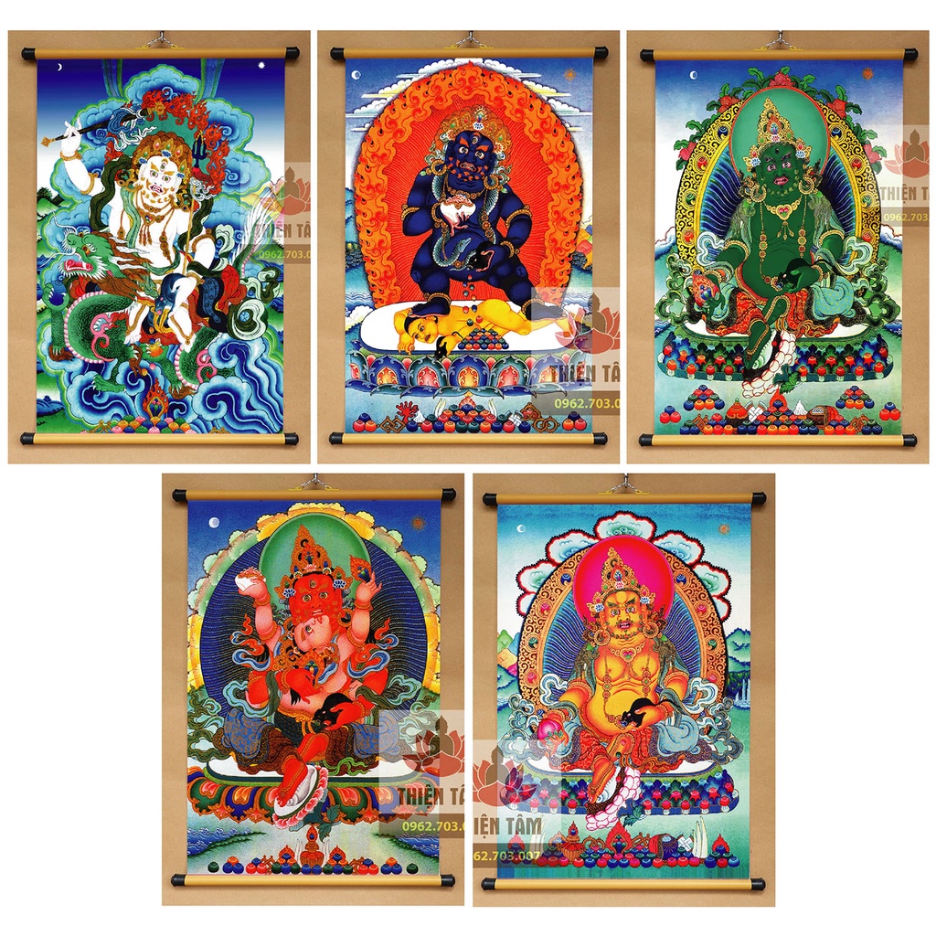 Bộ 5 tranh Ngũ Bộ Thần Tài Jambala Tây Tạng (mỗi bức 40x60cm) bằng vải phủ bóng cao cấp dày dặn