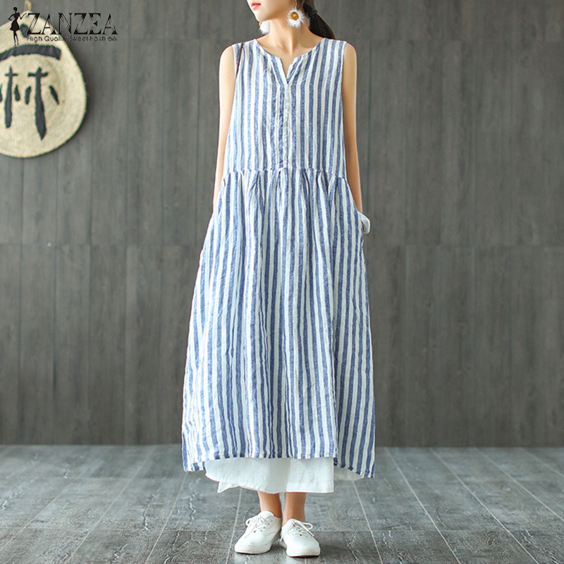 Đầm sát nách form rộng họa tiết kẻ sọc thời trang dành cho nữ | BigBuy360 - bigbuy360.vn