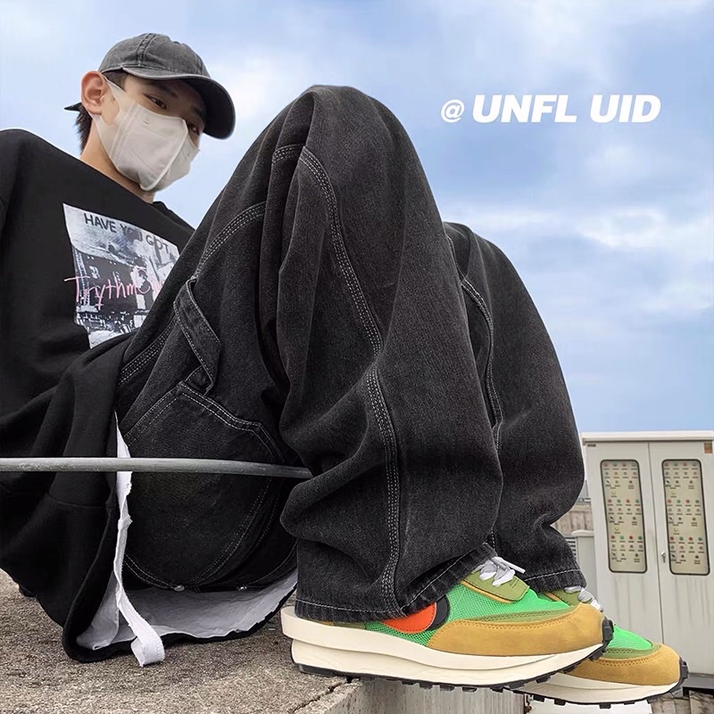 Quần bò jeans ống rộng màu đen chỉ trắng cách điệu Ulzzang hiphop unisex basic siêu đẹp ❤️