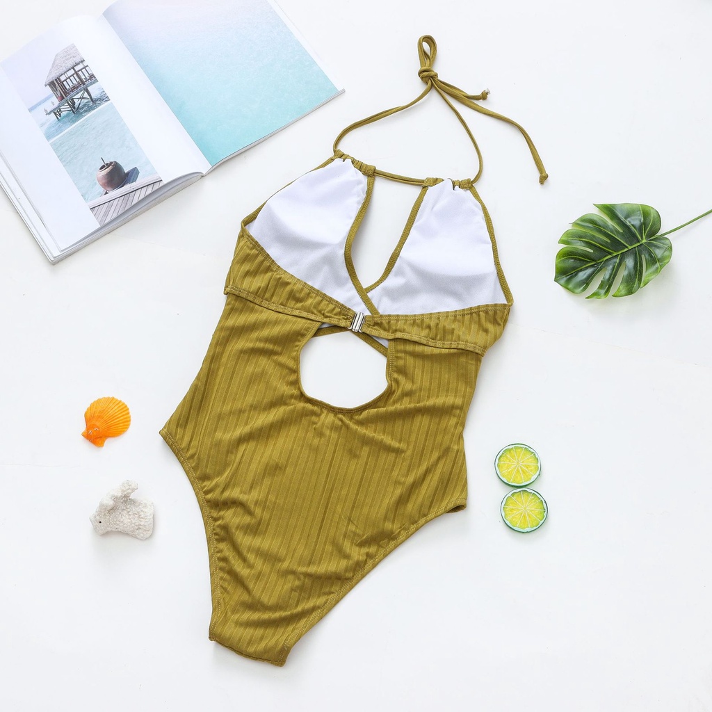 Bikini một mảnh màu xanh ô liu thiết kế dây đan chéo và khoét lỗ phong cách quyến rũ cho nữ