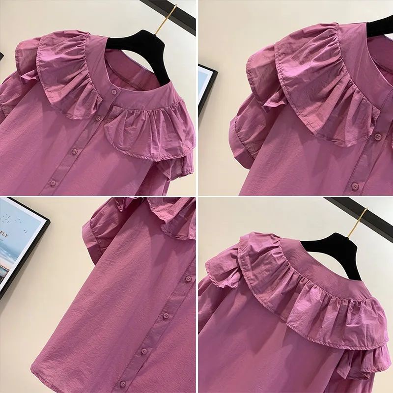 Áo Voan Tay Ngắn Cổ Tròn Màu Trơn Phối Bèo Phong Cách Pháp