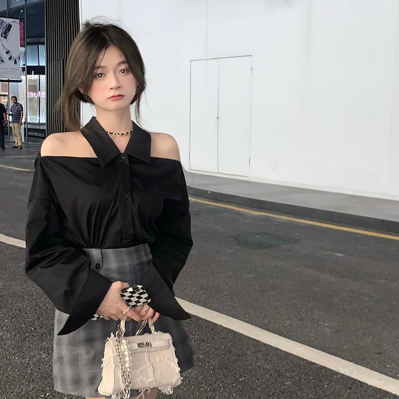 Áo Kiểu Trễ Vai Tay Dài Màu Trắng Thiết Kế Mới 2022 Thời Trang Cho Nữ