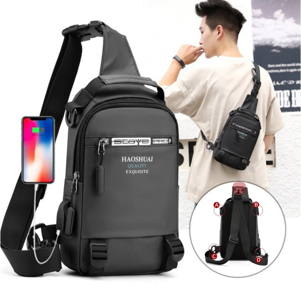 Túi đeo chéo nam vải Polyester kháng nước chống bám bụi tích hợp cổng sạc USB tiện dụng TC116