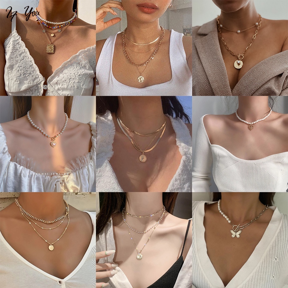 Vòng cổ dây xích rắn vàng nhiều lớp gắn ngọc trai và hình bướm trăng trái tim thời trang cho nữ