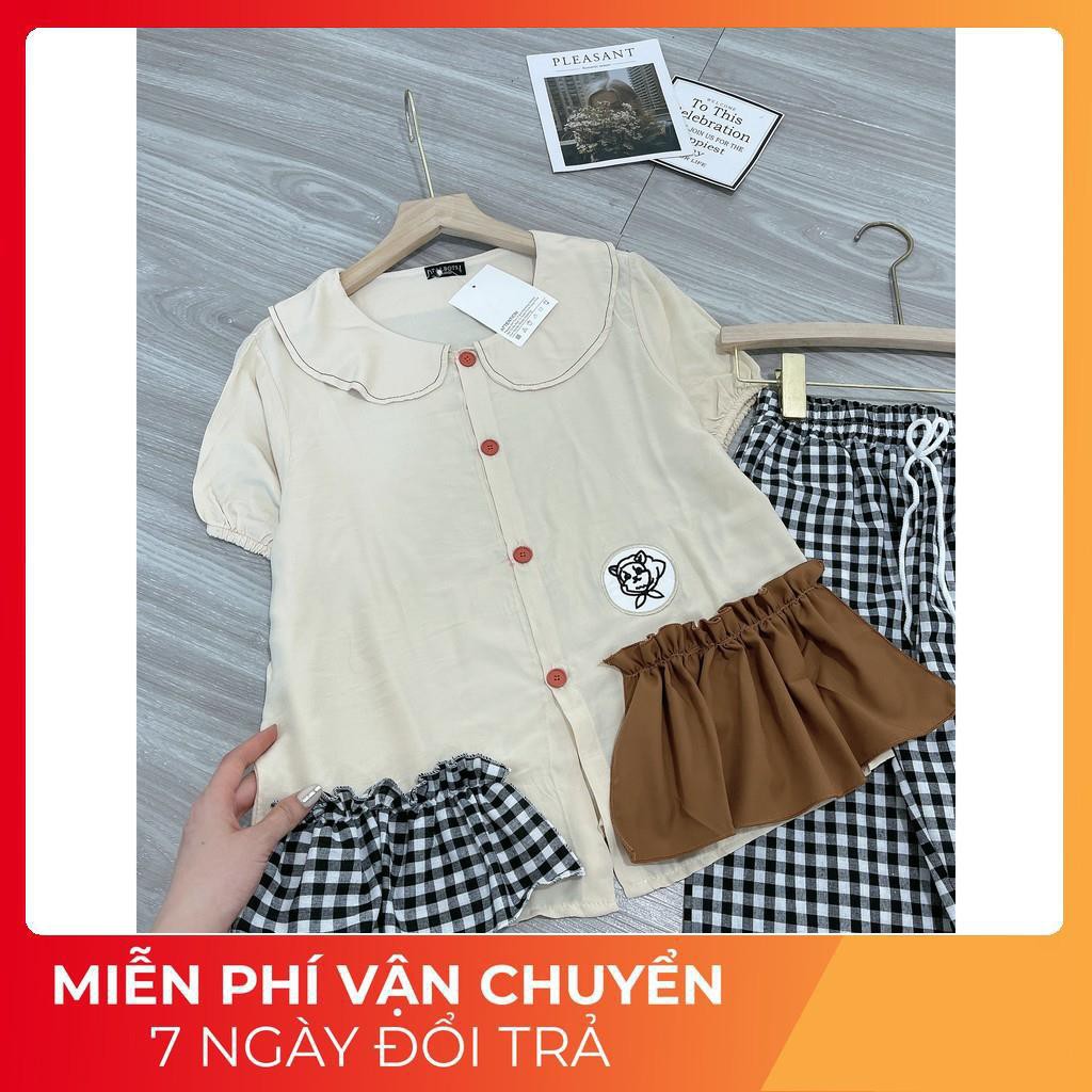 [ 𝐅𝐑𝐄𝐄 𝐒𝐇𝐈𝐏 ] Set Bộ Đũi Bèo Phối Nâu Cổ Sen Mix Quần Kẻ Caro Bèo