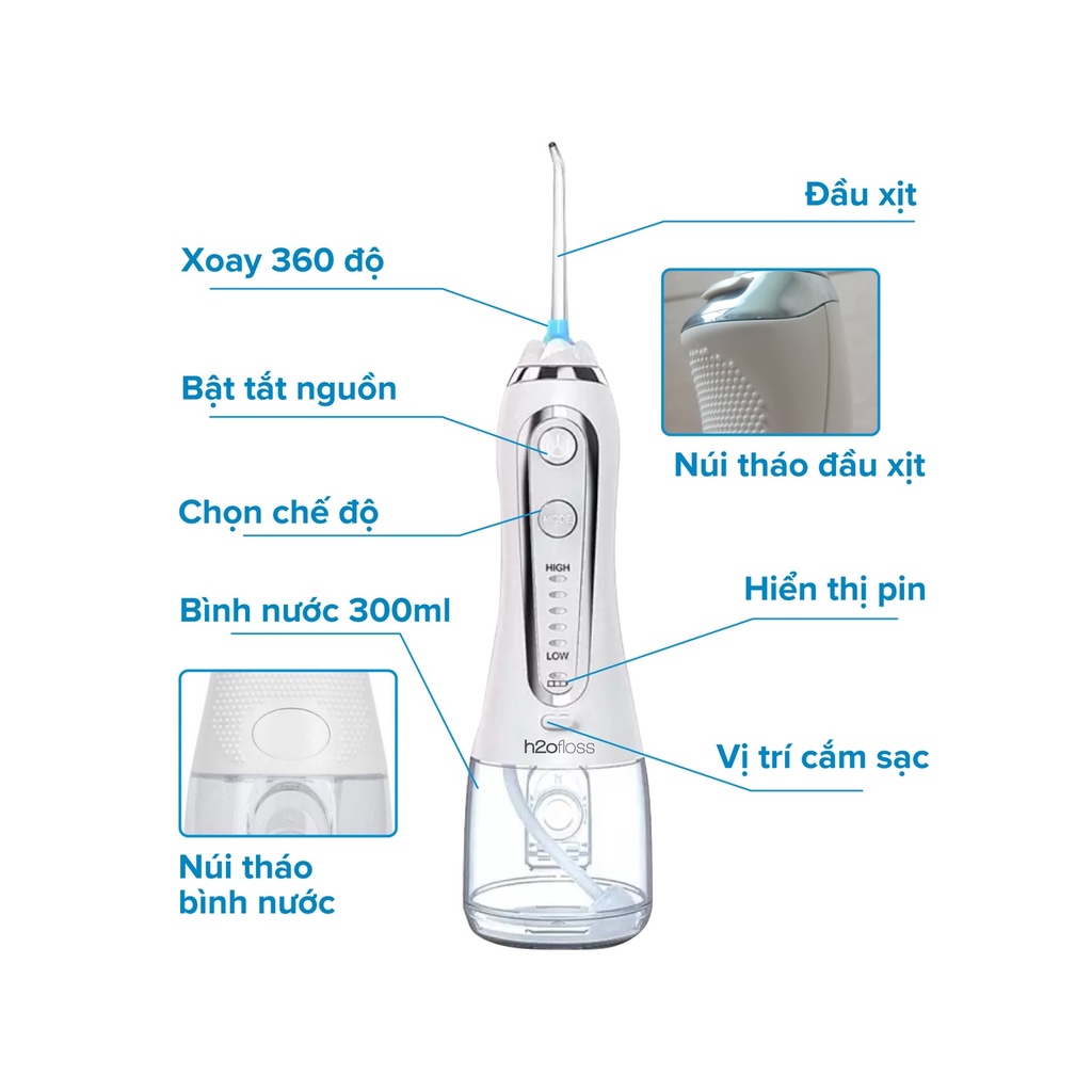 Máy tăm nước H2O Floss HF- 6P chính hãng Maxcare Nhật Bản, có 5 chế độ, chất liệu nhựa ABS cao cấp-Màu trắng