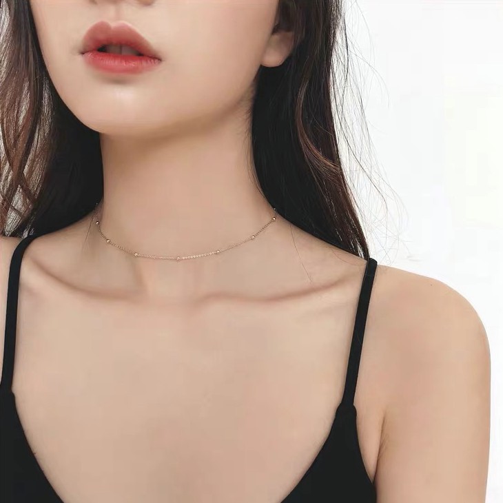 Dây chuyền bằng thép titan mạ vàng hồng 18K đính hạt tròn đơn giản chống nước và mồ hôi thời trang Hàn Quốc đơn giản