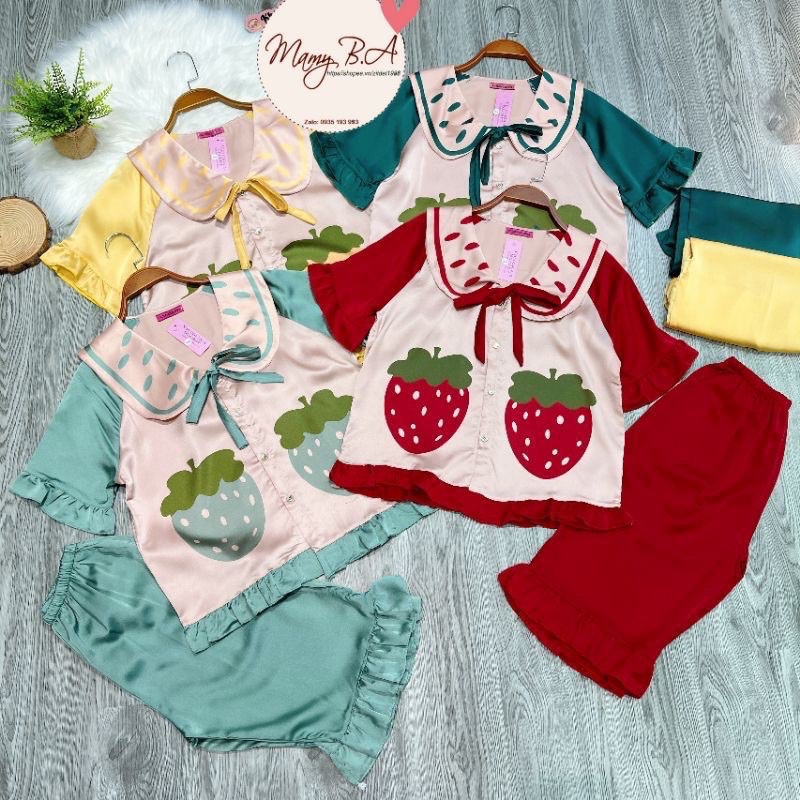 Bộ Lụa Satin Thiết Kế Hoạ Tiết Quả Dâu 🌸 Bộ Đồ Lụa Pijama [HÀNG ĐẸP CHUẨN] | BigBuy360 - bigbuy360.vn