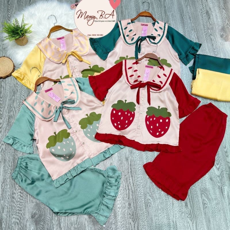 Bộ Lụa Satin Thiết Kế Hoạ Tiết Quả Dâu 🌸 Bộ Đồ Lụa Pijama [HÀNG ĐẸP CHUẨN]