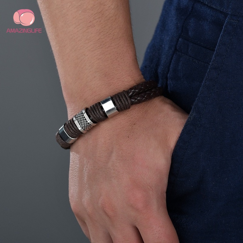 [Amazinglife] Vòng Tay Da Bện Thủ Công Nhiều Lớp / Vòng Đeo Tay Khóa Nam Châm Cổ Điển Thời Trang Cho Nam