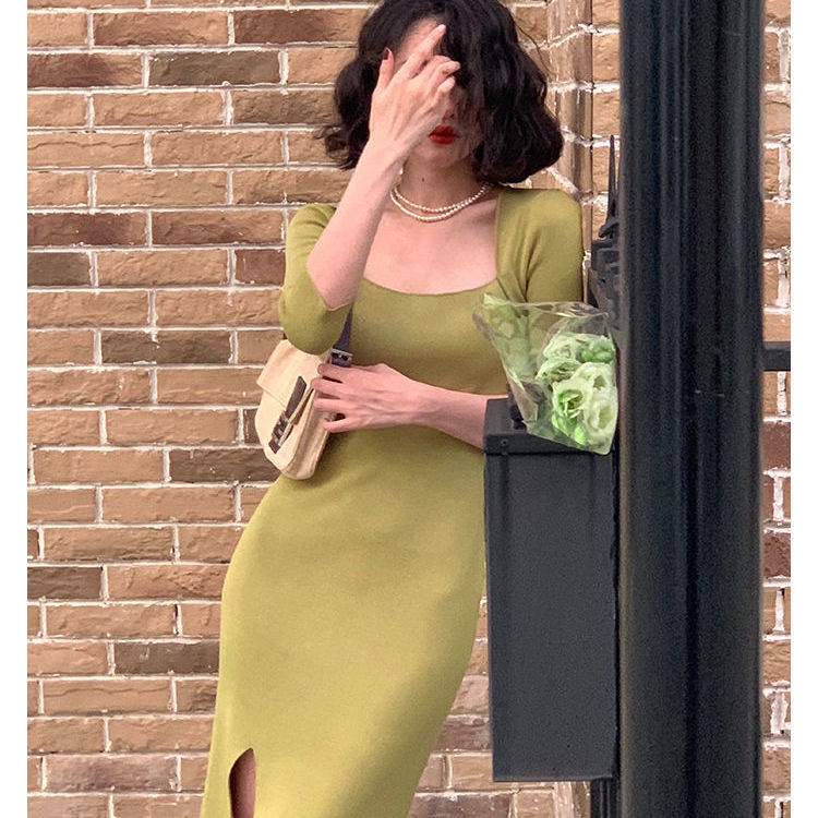 Hong Kong style square neck knit dress